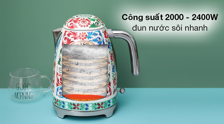 Bình đun siêu tốc Smeg 1.7 lít D&G KLF03DGEU (535.43.700) - Công suất 2000 - 2400W cho khả năng đun nước sôi nhanh chóng
