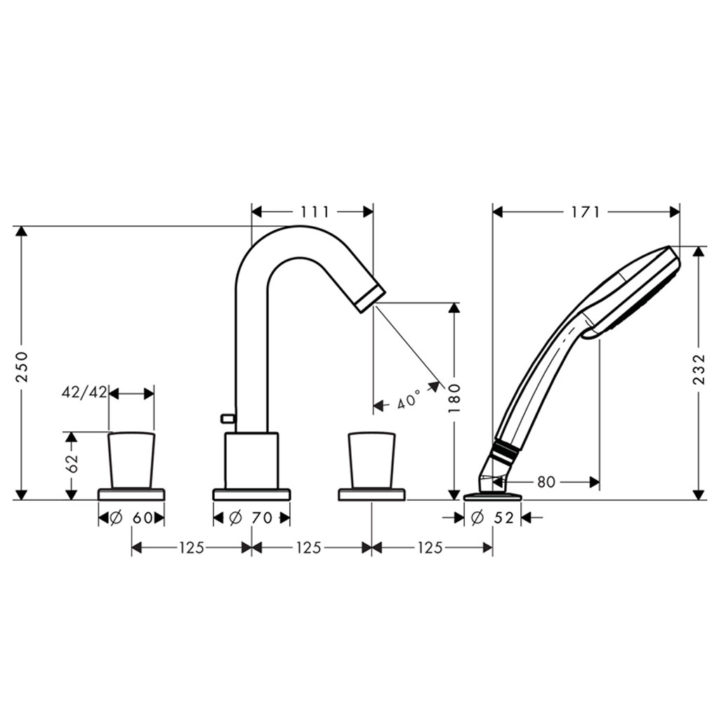 Kích thước BỘ TRỘN 4 LỖ HANSGROHE LOGIS 589.52.437