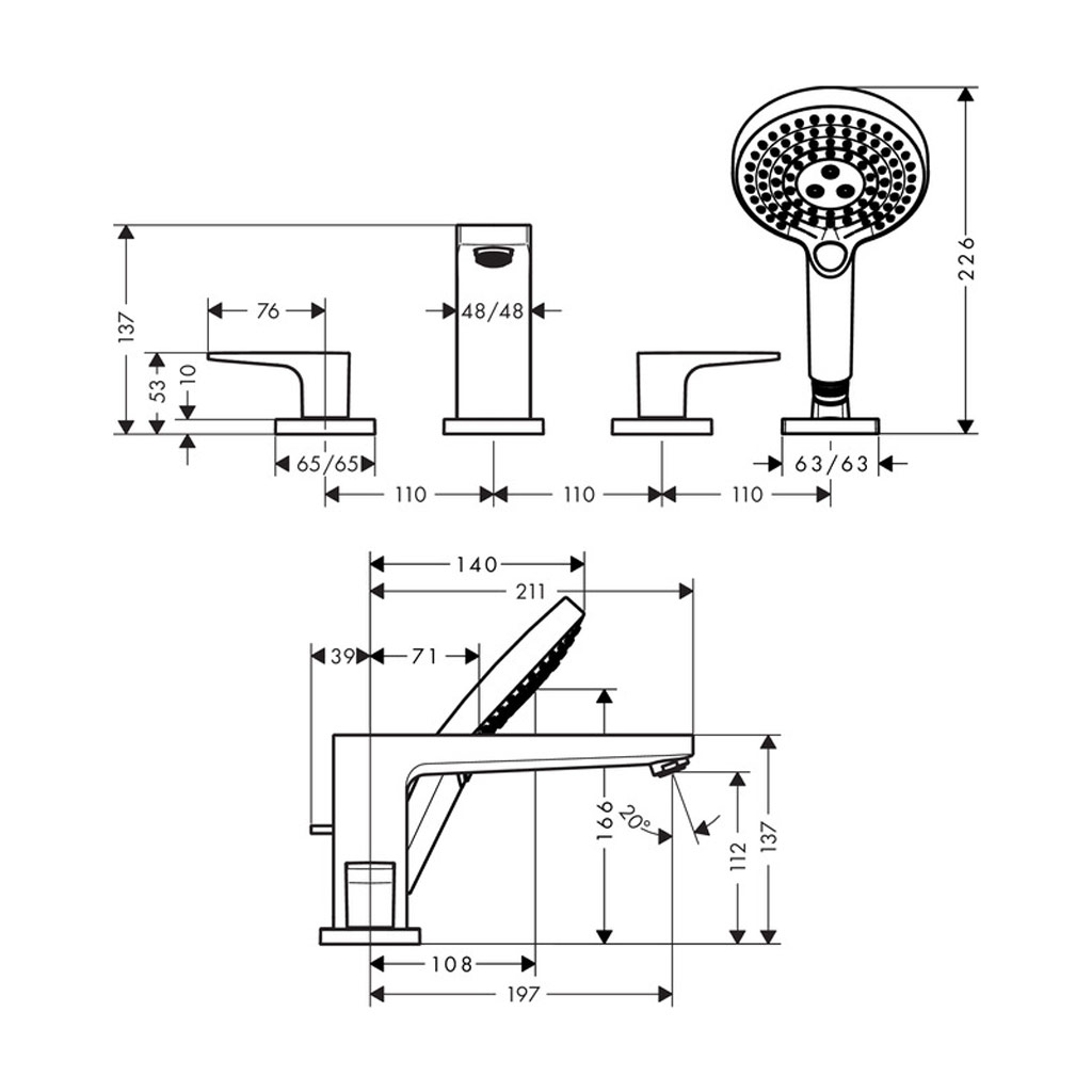 Kích thước Bộ trộn 4 lỗ Hansgrohe Metropol 589.50.522