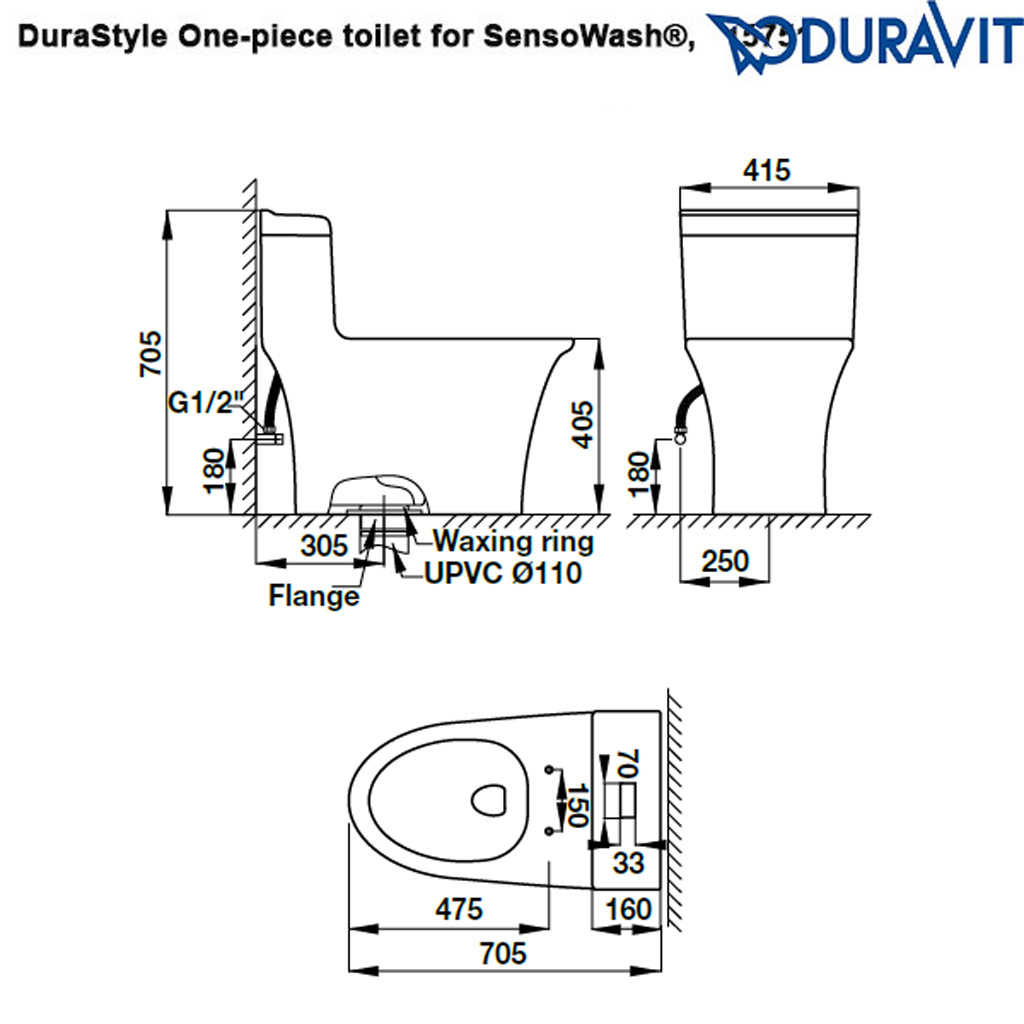 Kích thước Bồn cầu điện tử Duravit DuraStyle 588.46.453
