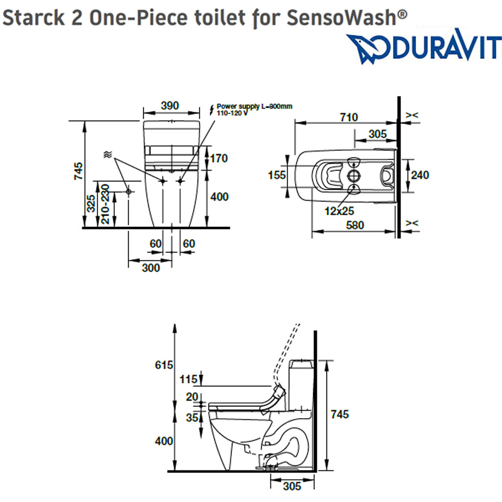 Kích thước Bồn cầu điện tử Duravit Starck 2 588.46.411