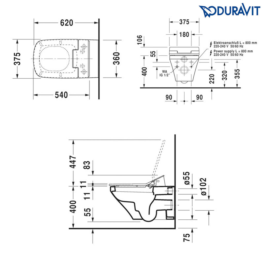 Kích thước Bồn cầu điện tử Duravit DuraStyle 588.45.385