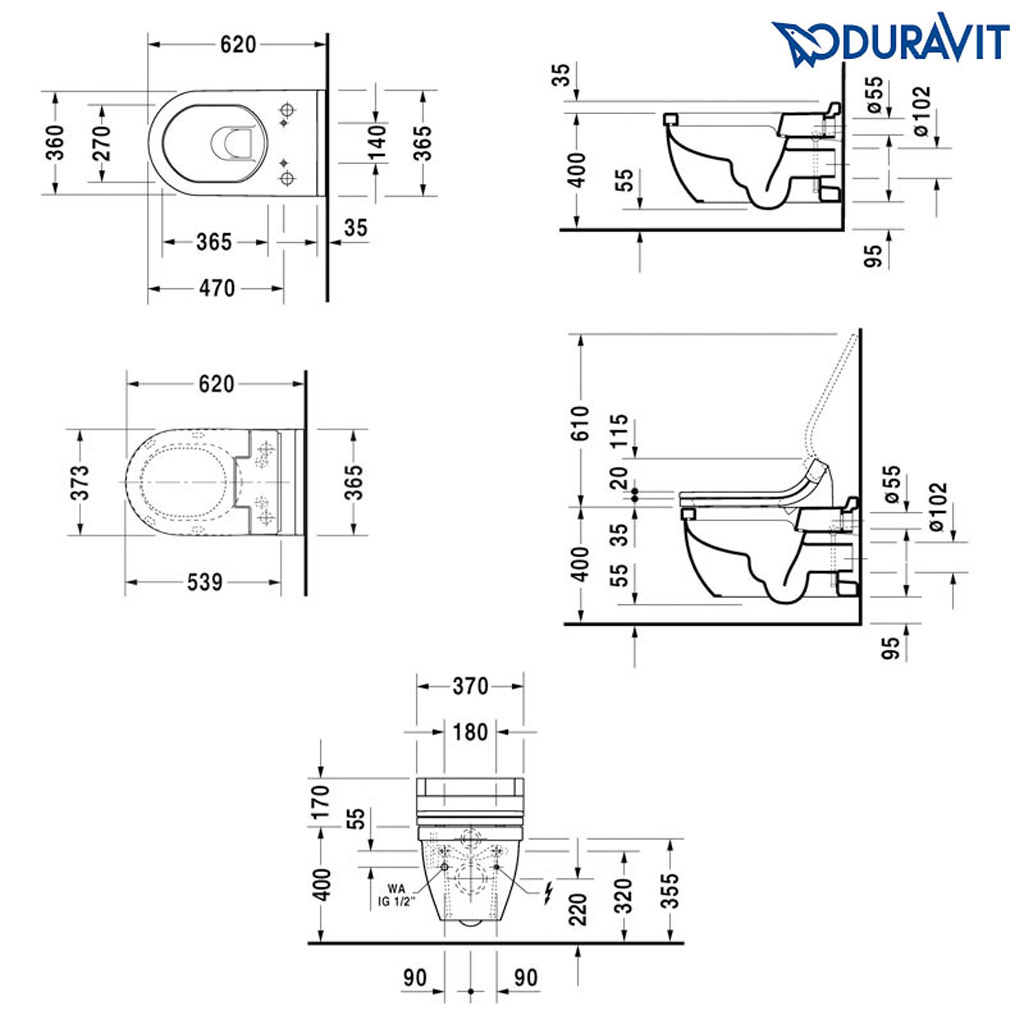Kích thước Bồn cầu điện tử Duravit Starck 3 588.45.404
