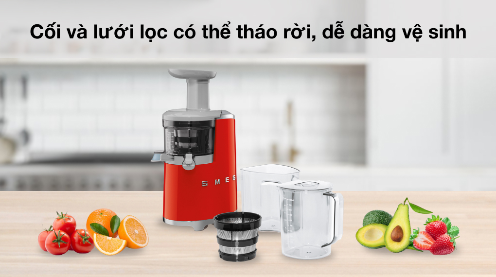 Máy ép chậm Smeg SJF01RDEU (535.43.629) - Cối và lưới lọc có thể tháo rời, dễ vệ sinh
