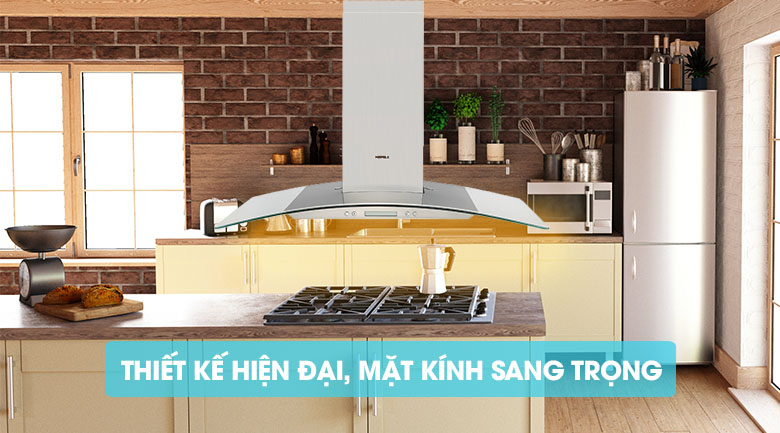 Kiểu dáng hiện đại, thiết kế mặt kính kết hợp inox sang trọng - Máy hút mùi áp tường Hafele HH-WG90B. 