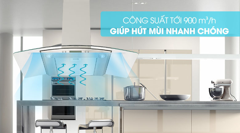 Công suất hút 900 m3/giờ loại bỏ mùi hiệu quả, ít hao tốn điện - Máy hút mùi áp tường Hafele HH-WG90B.