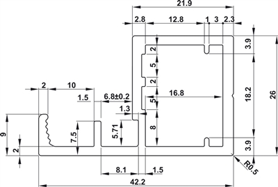 Khung kính nhôm, Thanh H02, 26 x 42,2 mm, để cố định kính với miếng đệm trong suốt, Mã số 563.58.943