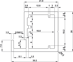 Khung kính nhôm, Thanh S02, 26 x 30,2 mm, 7.5 mm lộ ra, để cố định kính với miếng đệm trong suốt, Mã số 563.58.933