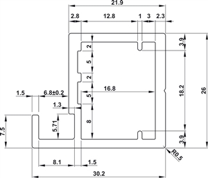Khung kính nhôm, Thanh S02, 26 x 30,2 mm, 7.5 mm lộ ra, để cố định kính với miếng đệm trong suốt, Mã số 563.58.333