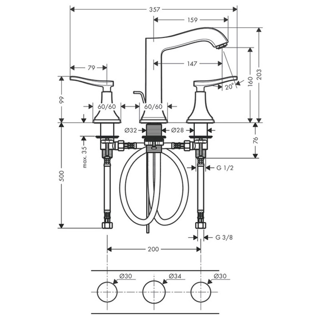 Kích thước Vòi lavabo 3 lỗ Hansgrohe Metropol classic 589.54.605