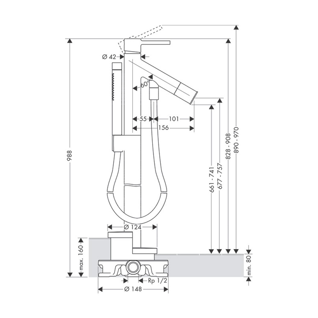 Kích thước Vòi xả bồn tắm Axor Starck 589.51.230