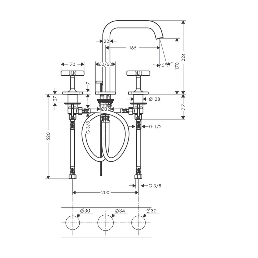 Kích thước Vòi lavabo 3 lỗ Axor Citterio E 589.30.641